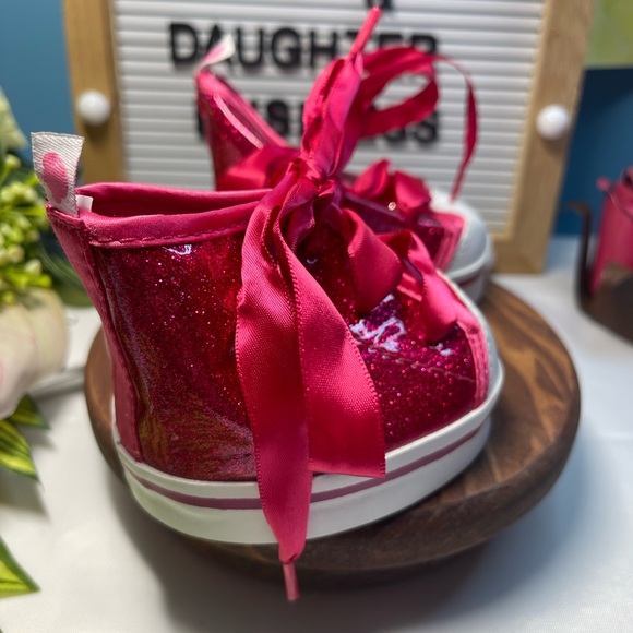 Build-A-Bear Pink Glitter High Top Sneakers Ribbon Lace BAB Doll Shoes Sparkle - Picture 2 of 5